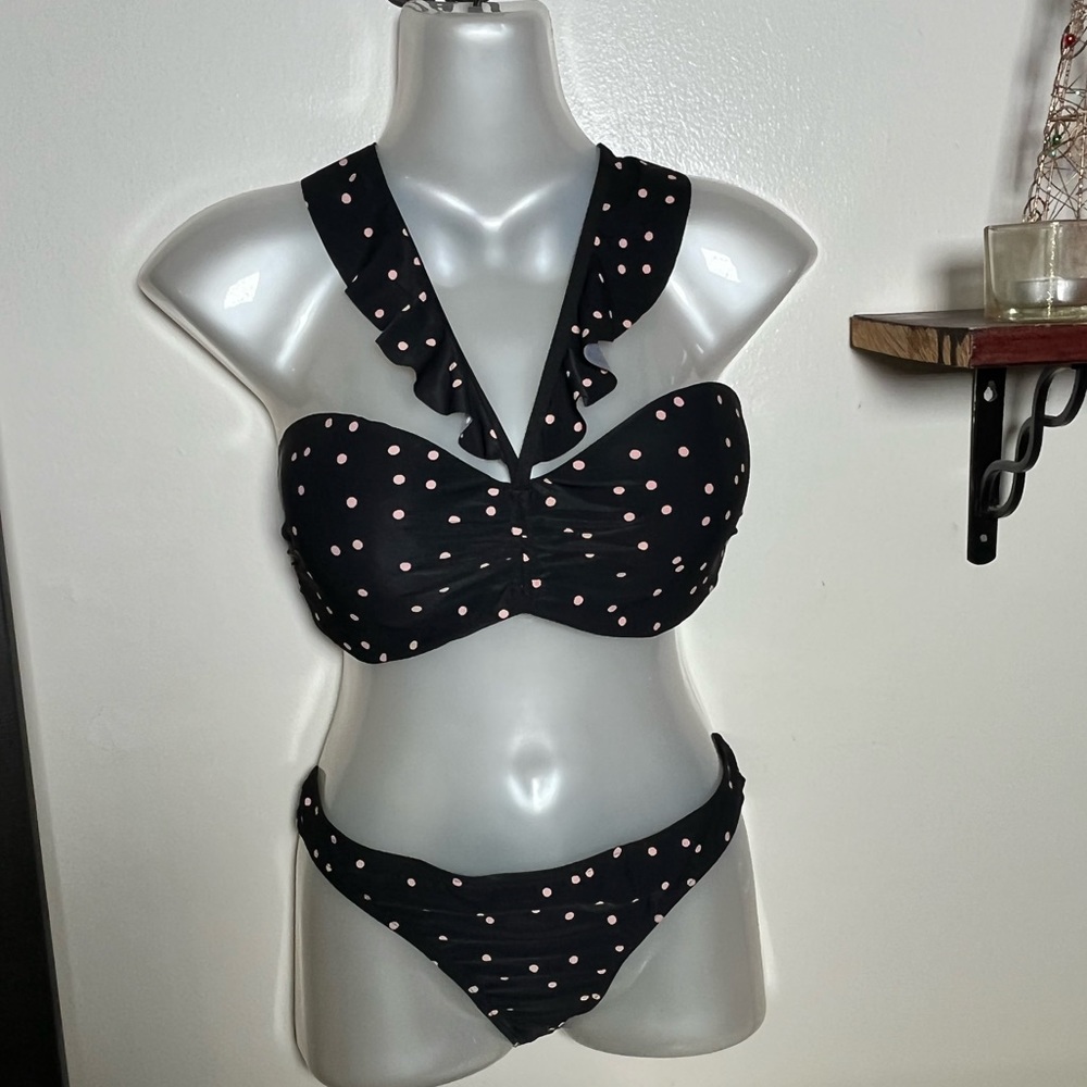 Kate Spade ♠️ bikini. Authentic. Black with pink polka dots. Size Large. EUC